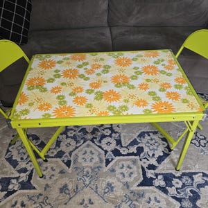 Childs Table Set, Signed Cooey, Vintage Metal Table and Chairs, Vinyl Material, Groovy Floral Vinyl, Childhood Memories,