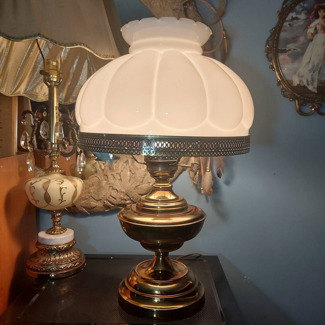 Brass Hurricane Table Lamp Milk Glass Dome Shade Vintage Etsy