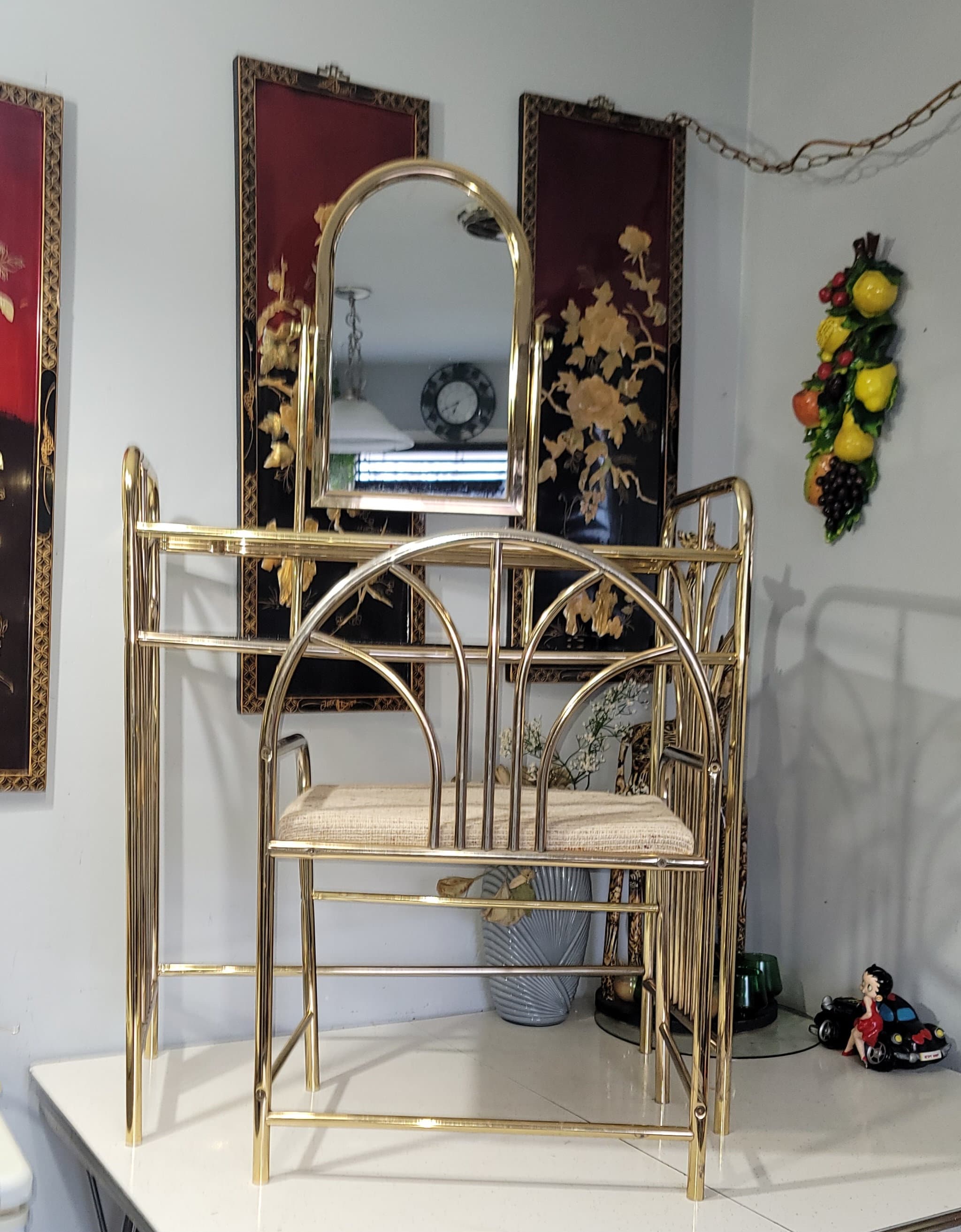 Brass Vanity Vanity Table with Chair Vintage Vanity Mirror Furniture Brass Gold Makeup Bedroom Vanity Brass Glass Chic