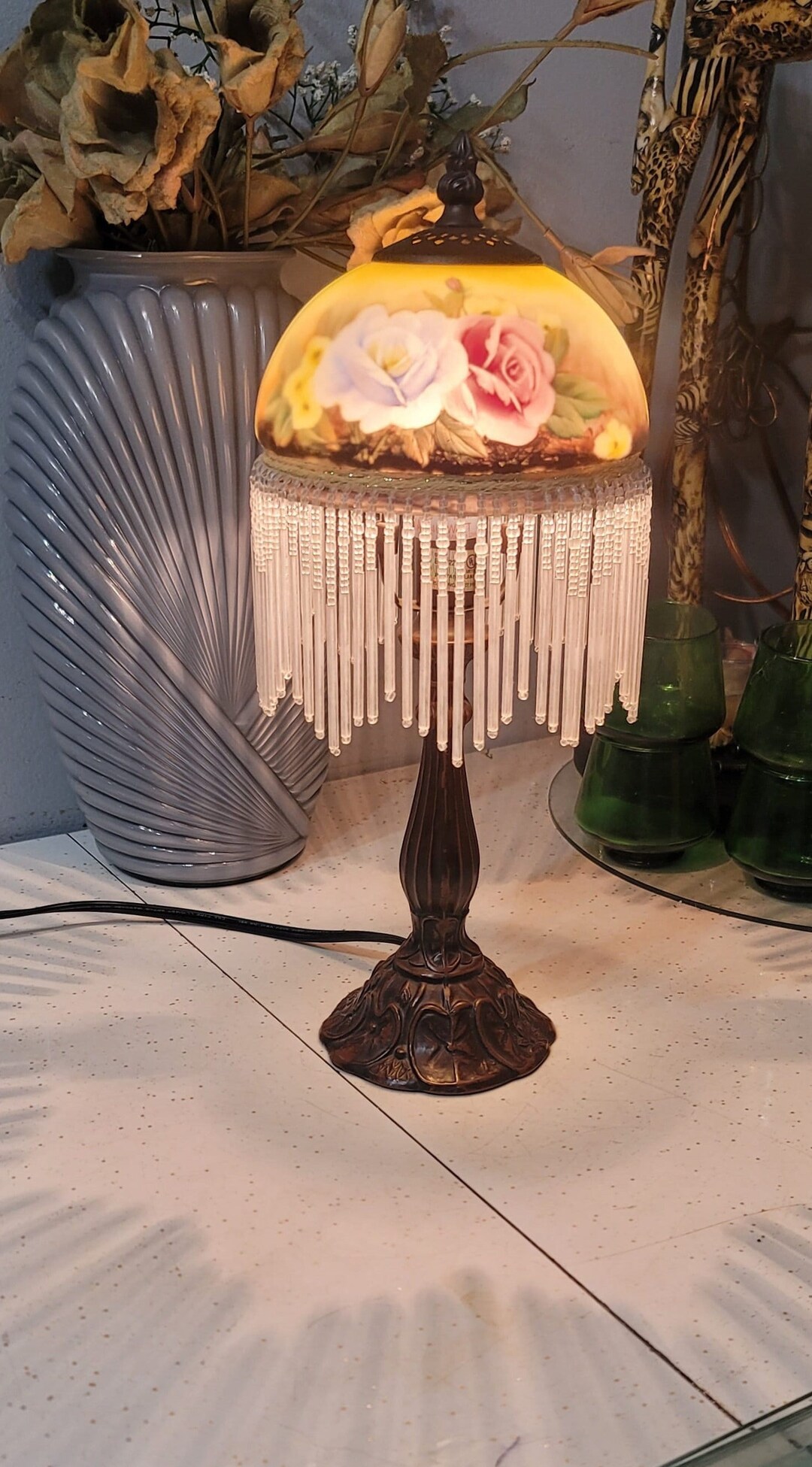 Victorian Lamp Glass Bead Fringe Lampshade Mini Accent Etsy