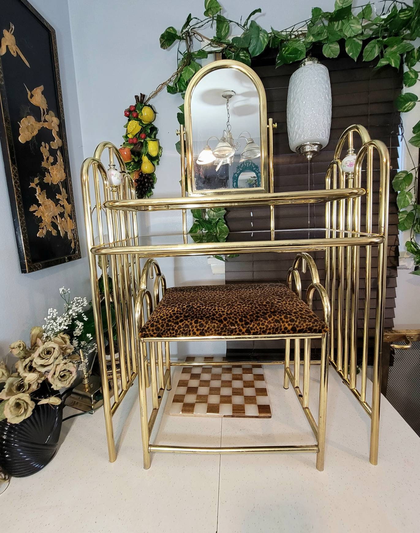 5 Points Vintage - Brass and glass vanity with matching stool! $48