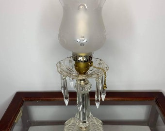 Accent Lamp, Crystal Prism Hurricane Lamp, Vintage, Boudoir, Hollywood Regency, Etched Glass, Accent, Table Lamp, Lighting,