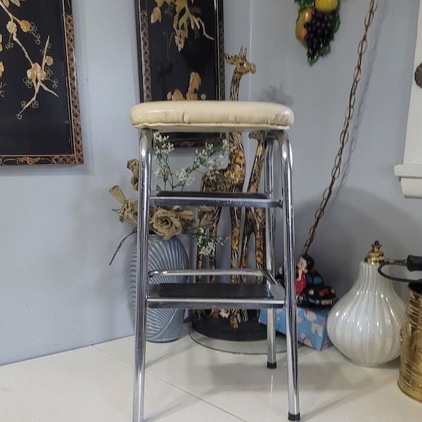 Chair with Step Stool, Vintage Kitchen Chair, Step Stool, Vinyl, Chrome, Furniture, Ladder, Chair Stool, Kitchen, Furniture,