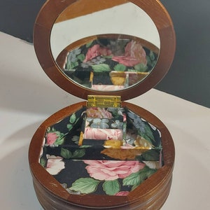 Jewelry Storage, Vintage, Mirrored Jewelry Box, Floral Lining, Ring Holder, Small, Round,