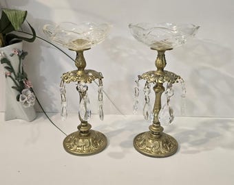 Candlestick Holders, (2pcs), Vintage, Metal Candle Holders, Teardrop Crystals, Hollywood, Regency, Home Decor,