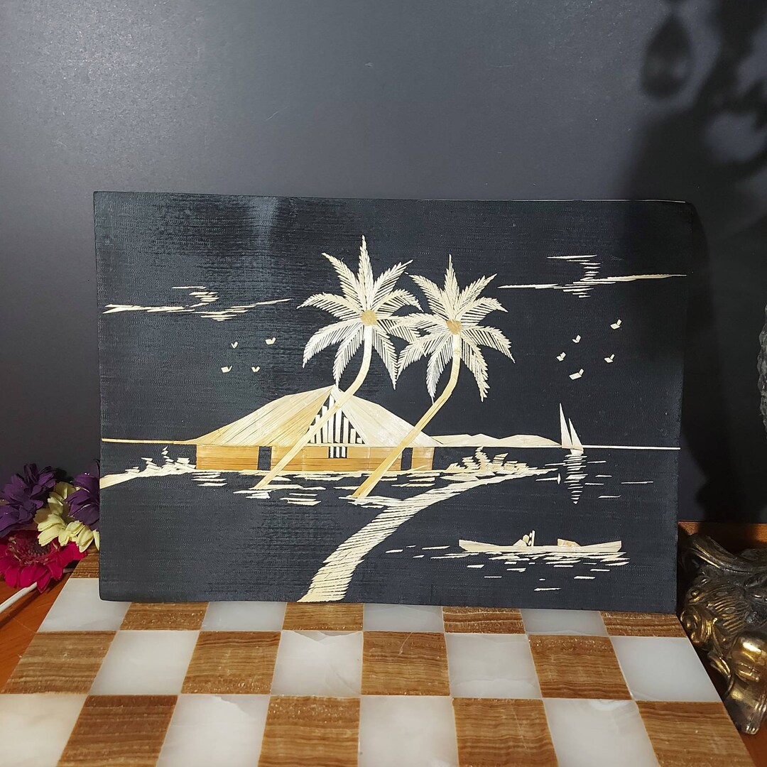 Genuine Rice Straw Art, Vintage Leaf Art, Asian Oriental Scene