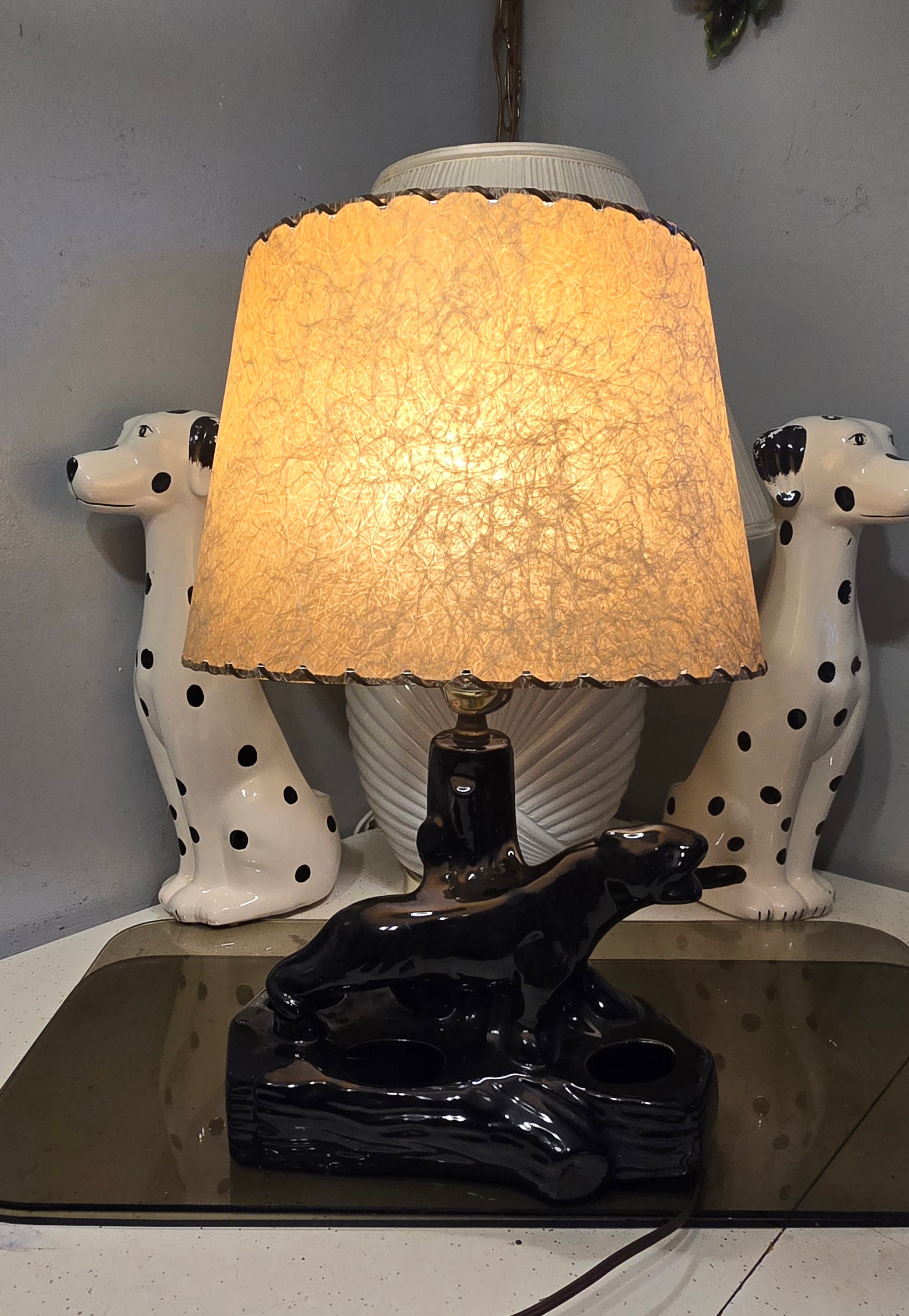 Black Panther Lamp, Vintage, Porcelain, Panther Planter Lamp
