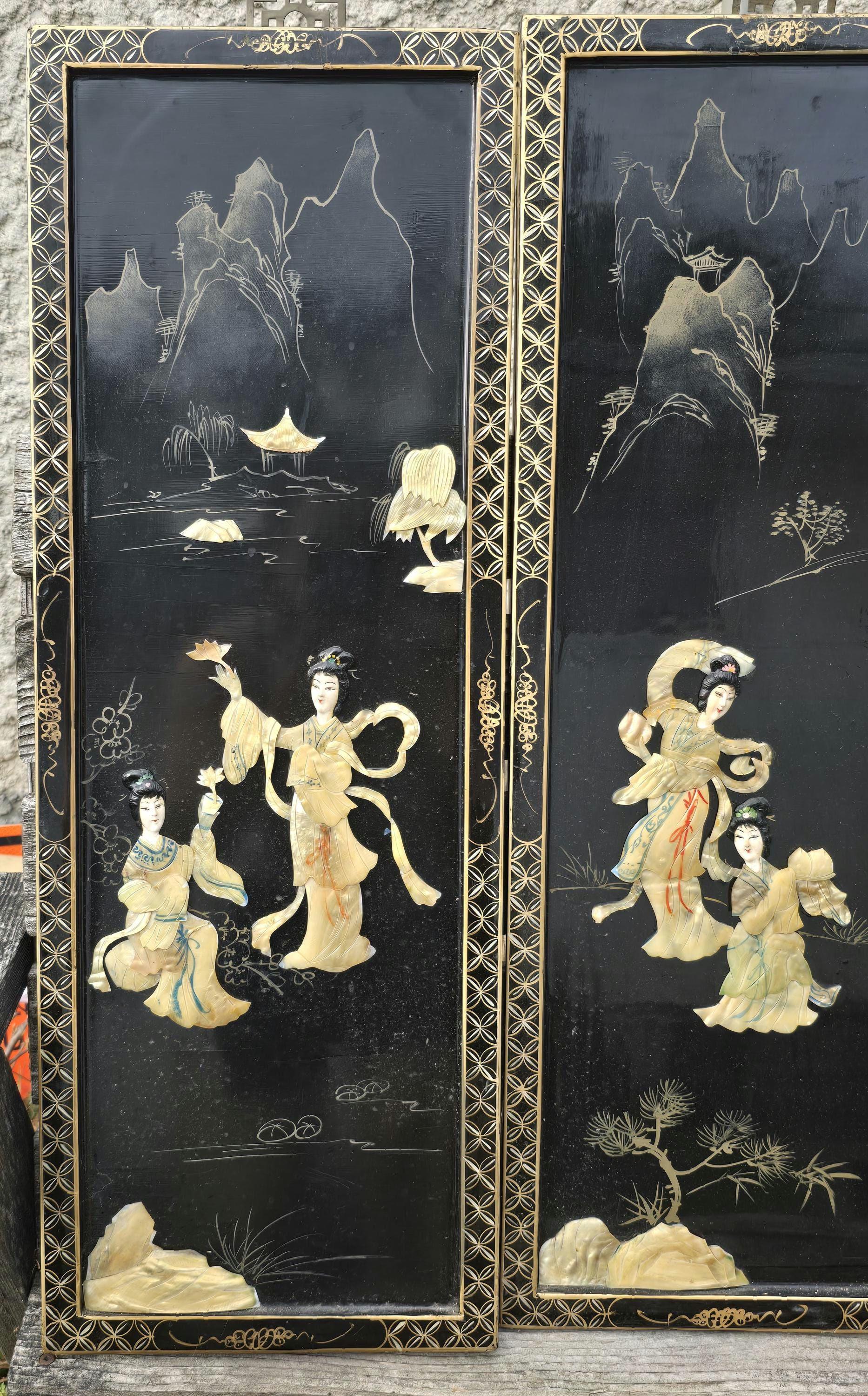 Vintage Black Lacquered Wall Panels: Oriental Geisha Shell Art