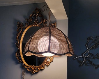 Lámpara colgante, de mimbre, lámpara colgante vintage, pantalla de globo de vidrio opalino, lámpara colgante, lámpara colgante vintage, mimbre marrón, iluminación, decoración del hogar,