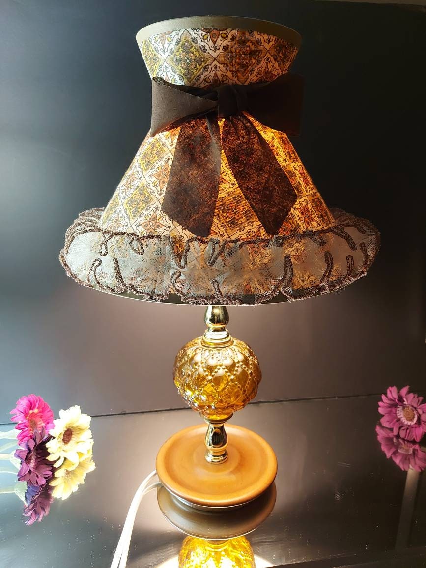 Amber Glass Lamp, With Shade, Vintage, Wood Base, Cut Glass