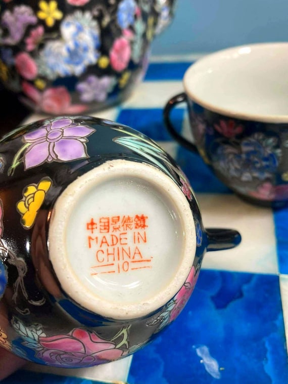 Famille Noir, Black Floral Tea Set, (6pcs), Mun Shou, Porcelain