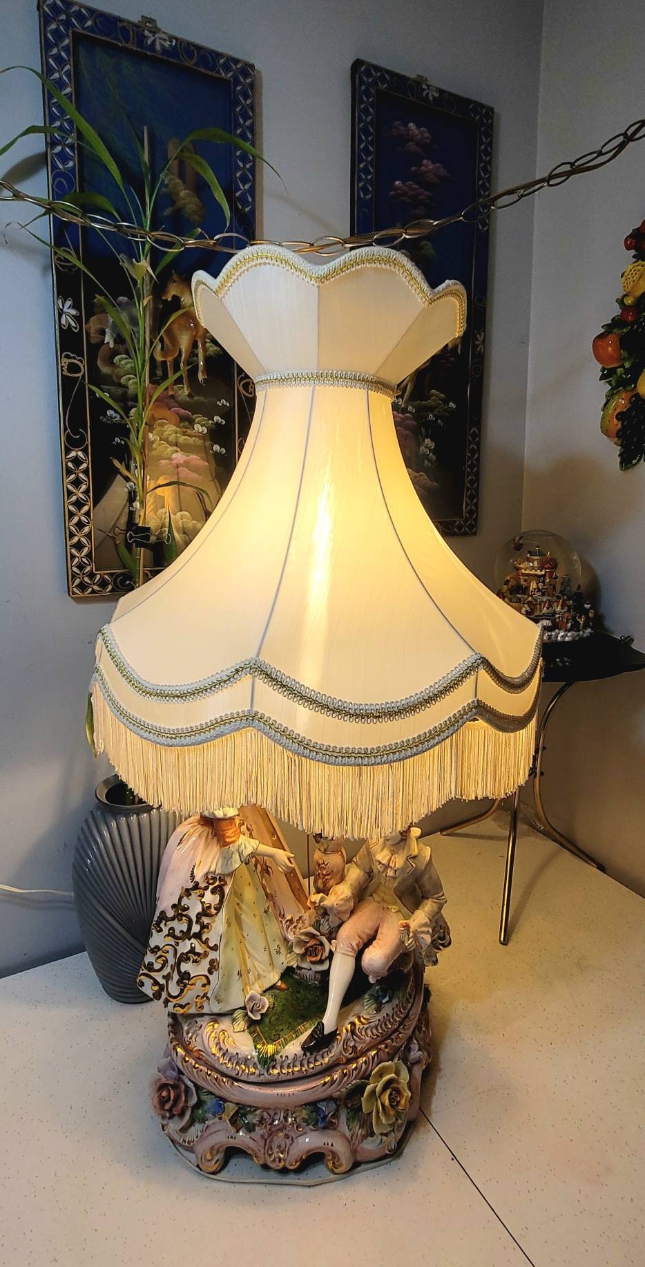 美品　カポディモンテ　シルクシェード　ライト イタリア製カポディモンテ磁器ランプ、アンティーク、シルク
