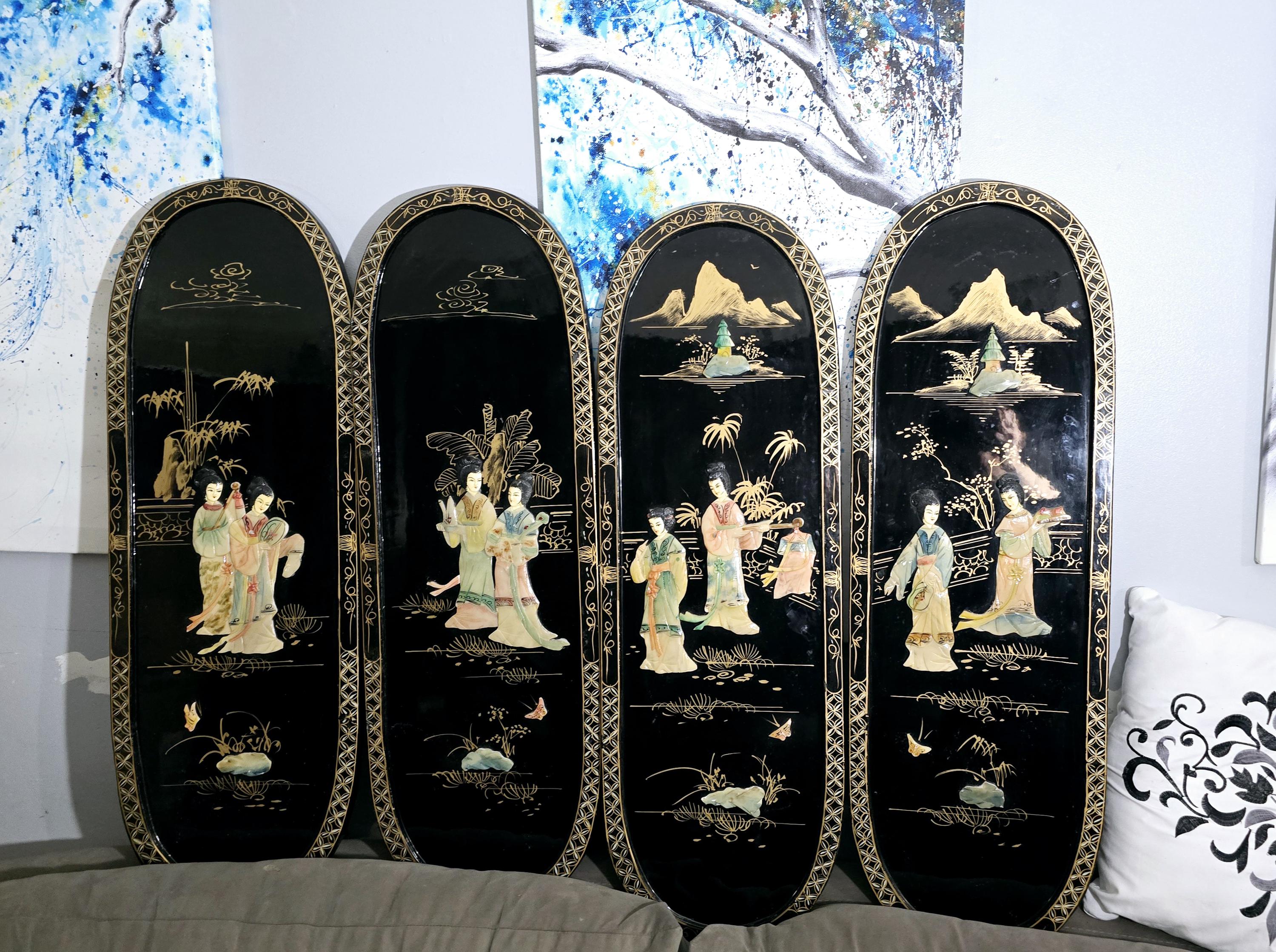 Panel Wall Hangings, Oriental Art, Soapstone, MCM, Black Lacquer