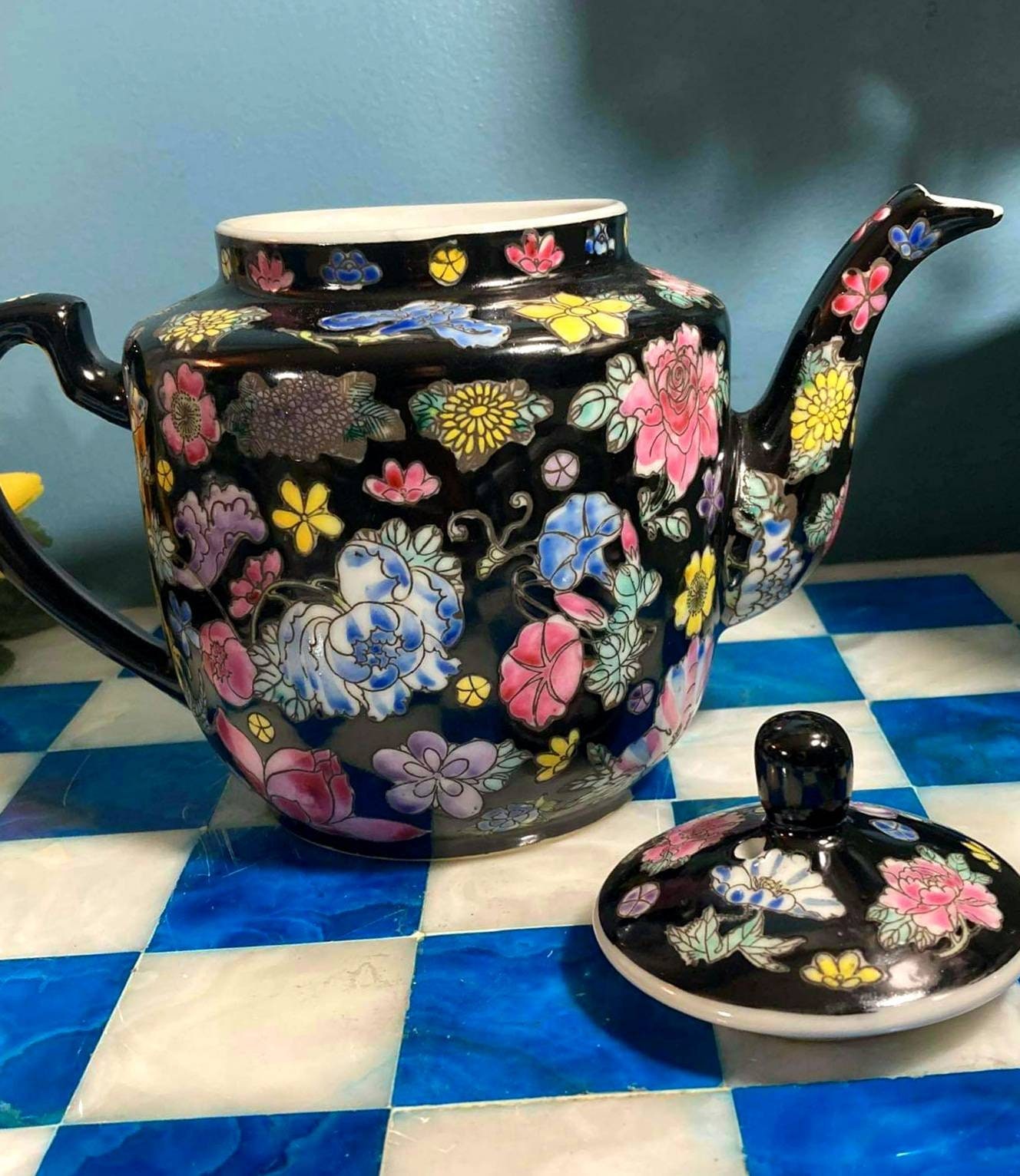 Famille Noir, Black Floral Tea Set, (6pcs), Mun Shou, Porcelain