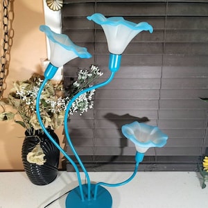 Lily Lamp, Midcentury, 3 Way Lighting, 3 Fixture Table Lamp, Metal, Plastic, Blue Lily Lighting, Home Decor, Vintage Table Lamp, Antiques