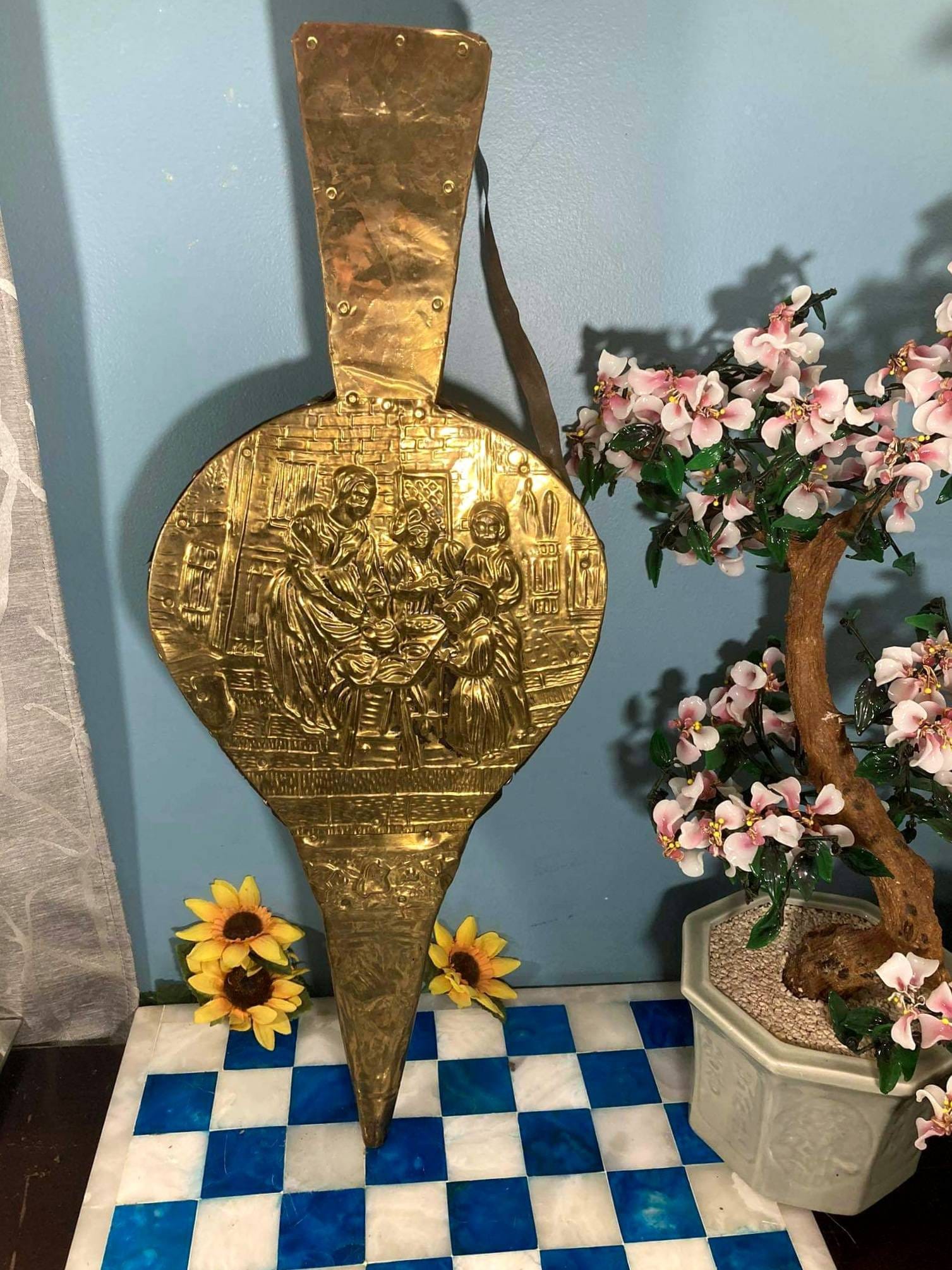 ​Vintage Hand Carved Wood Fireplace Bellows Floral Relief Leather Brass Nozzle Vintage Decorative fireplace bellows. Wood construction with  main image 2