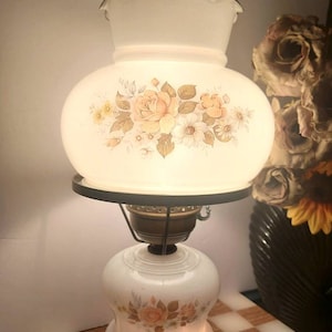 Hurricane Lamp GWTW 21 Parlor Table Lamp Milk Glass Painted & Signed  Catherine Klein Yellow Rose 3 Way Lighting GIM 1972 Accent Table Lamp 