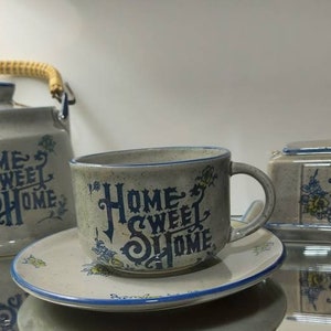 Tea Set, Vintage, Teapot, Teacuo&Saucer, Butter Dish, Covered Dish, Large Mug, Home Sweet Home, Speckled Ceramic, Japan,