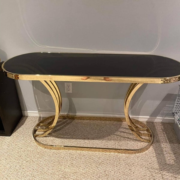 Brass Console Table, Sofa Table, Brass&Glass, Smokey Black Glass, Vintage, Floor Shelf, Entryway Table, Home Decor, Furniture, Display Table