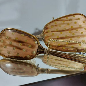 Midcentury Haarbürste & Spiegel Set, Vintage, Vanity, Handspiegel, Goldton, Polka punktiert, Gold Sparkle, Dresser Vanity,