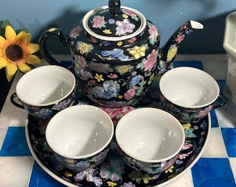 Famille Noir, Black Floral Tea Set, (6pcs), Mun Shou, Porcelain, Peonies, Flowers, Teapot, Cups, Serving Platter, Vintage Oriental Teaset