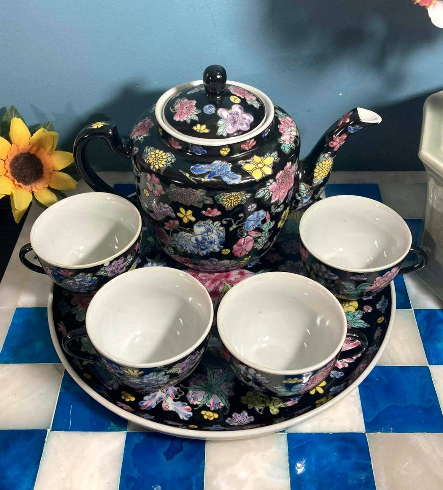 Famille Noir, Black Floral Tea Set, (6pcs), Mun Shou, Porcelain