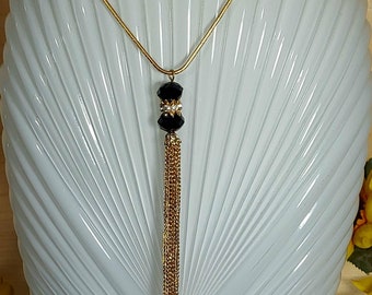 Tassle Necklace, Black Cabachones, Costume Jewelry, Vintage Necklace, Fashion, Womens Jewelry, Fancy, Gems, Stones, Gold, Chain