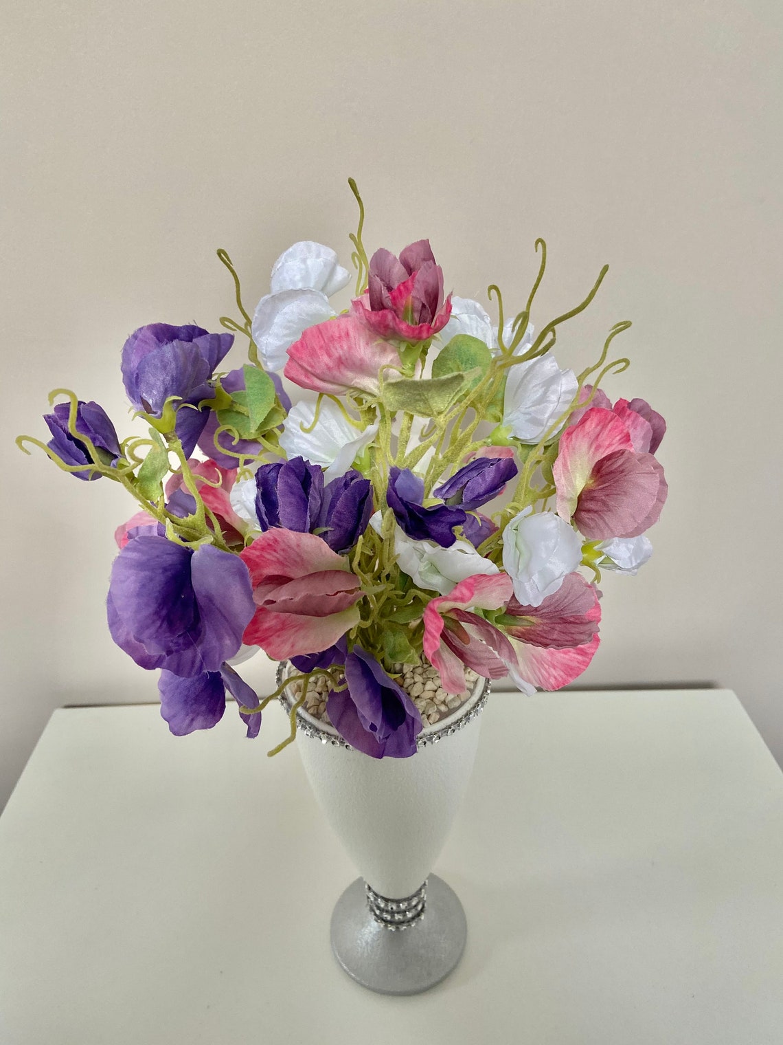 Sweet Peas Artificial Sweet Pea Arrangement in White Vase Etsy