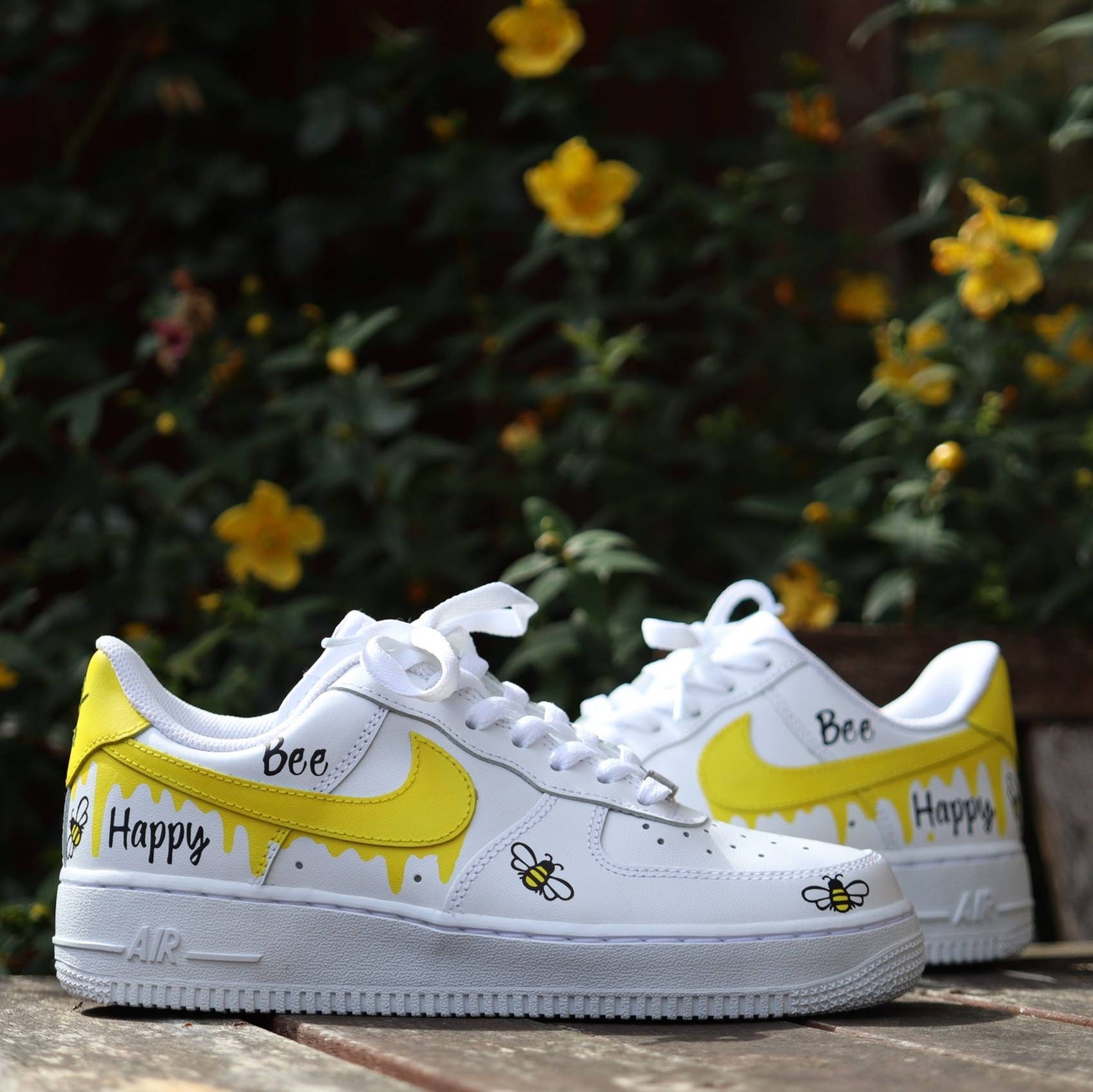 Beautiful custom Honeybee Nike Air Force 1. Bright yellow on white