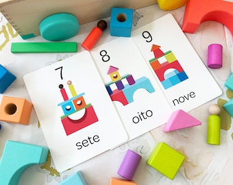 Tarjetas de conteo portuguesas para Lovevery Block Set 1-20: Portugués e inglés bilingüe l Imprimible para niños pequeños y niños / Descarga digital