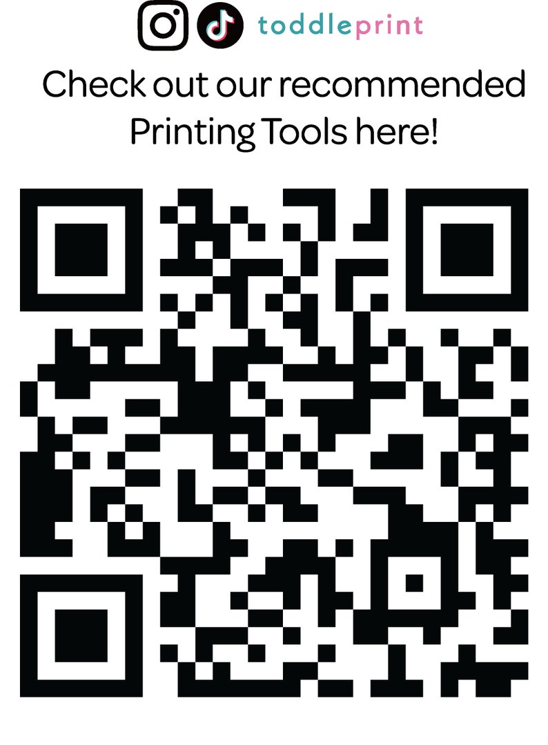 May include: Black and white QR code with the text "toddleprint" above it. The QR code is surrounded by a white border.