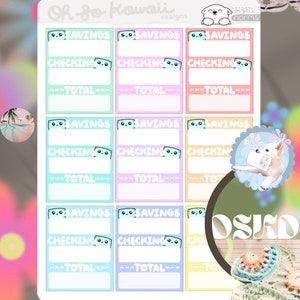 Totales de montos bancarios de Kawaii - Rastreador de cheques y ahorros - Pegatinas de finanzas para presupuestar - Pegatinas del planificador relacionado con el presupuesto - Dinero Kawaii