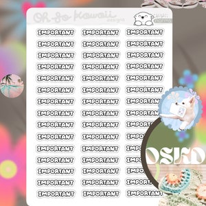 May include: A sheet of stickers with the word "IMPORTANT" repeated multiple times in a white bubble font with a black outline. The stickers are on a white background with a colorful design around the edges.