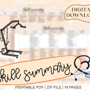 Skills Summary, for Nursing Students, Nurses, Care Aide, Nursing Assistant, Basics of Nursing, Digital Download, Printable, Instant Download
