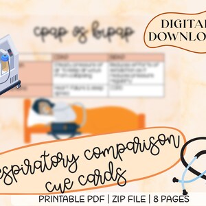May include: A digital download of printable cue cards comparing CPAP and BiPAP respiratory therapy. The cards feature illustrations of a patient in a hospital bed and a CPAP machine. The text "Respiratory comparison cue cards" is written in a cursive font. A stethoscope is also pictured.