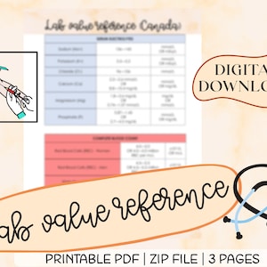 Könnte beinhalten: Druckbares PDF-Dokument mit Referenzwerten für Laboruntersuchungen in Kanada. Das Dokument enthält Abschnitte für häufige Blutuntersuchungen und Urin-Elektrolyte. Das Dokument ist ein digitaler Download und enthält eine Stethoskopgrafik.