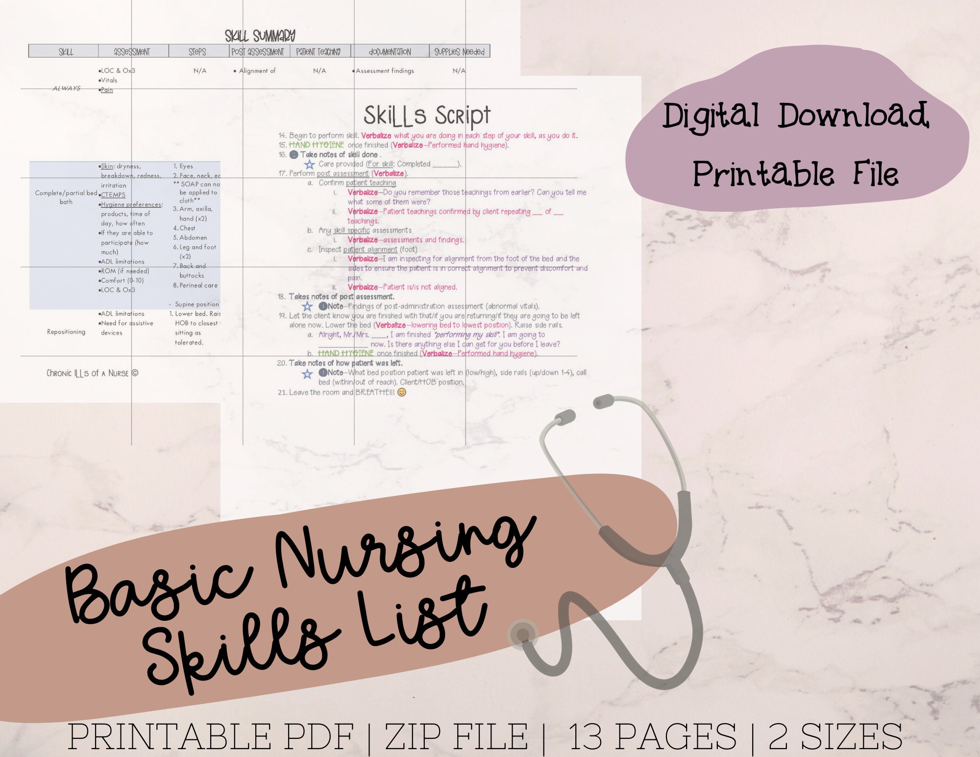 Basic Nursing Skills List Nursing Student Digital Download Etsy