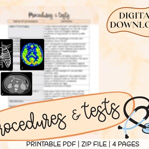 Procedures & Tests, for Nursing Students, Nurses, Medical Terminology, Digital Download, Printable, Instant Download