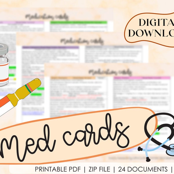 Med Cards, for Nursing Students, Nurses, Medical Terminology, Clinicals, Digital Download, Printable, Instant Download