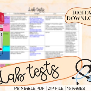Testes de laboratório, para estudantes de enfermagem, enfermeiros, terminologia médica, download digital, para impressão, download instantâneo