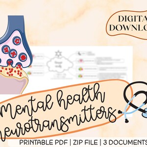 May include: A digital download of printable PDF documents about mental health and neurotransmitters. The image shows a diagram of a synapse with neurotransmitters being released from a neuron. The text "Mental Health & Neurotransmitters" is written in a cursive font with a stethoscope.
