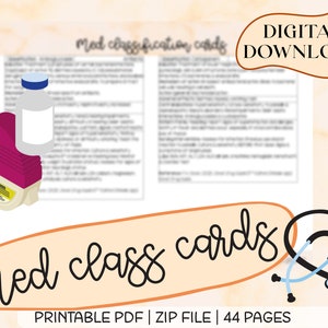 May include: Digital download of 44 printable PDF pages of medication classification cards. The image shows a pink inhaler, a clear bottle, and a stethoscope.