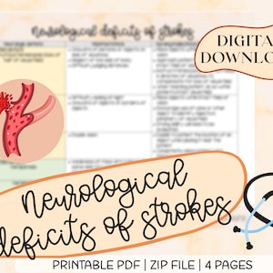May include: A printable PDF document with a graphic of a blood clot in an artery. The document is titled "Neurological Deficits of Strokes" and includes a stethoscope graphic. The document is available as a digital download and includes 4 pages.