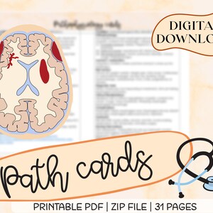 May include: Printable path cards for medical students. The cards feature a diagram of a brain with red areas indicating a stroke. The text "DIGITAL DOWNLOAD" is in a speech bubble. The text "path cards" is in a banner with a stethoscope.