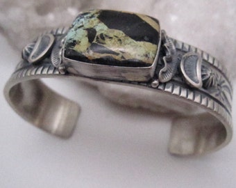 Blackjack Turquoise Sterling Silver Cuff Bracelet: Native Stamped Design