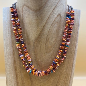 Handmade Spiny Oyster Chip Necklace: Two-Strand Sterling Silver