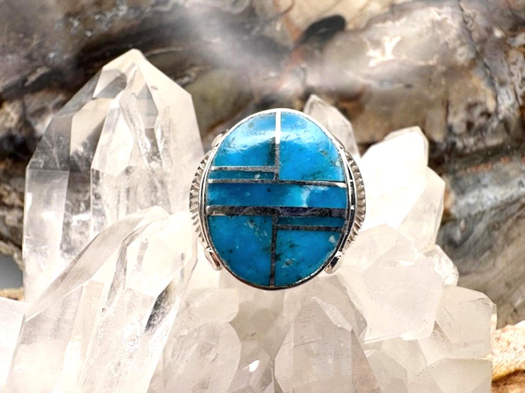 Native American Turquoise Inlay Ring - Sterling Silver Size 9.5 - Etsy