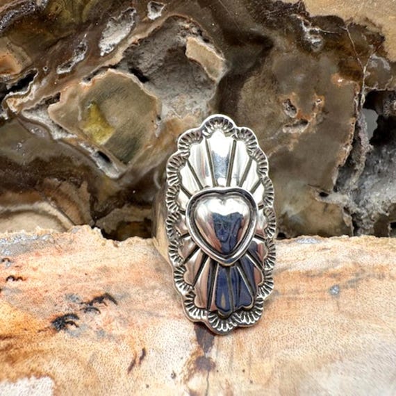 Authentic Native American Hand Stamped Sterling Silver Adjustable Heart Ring Size 6