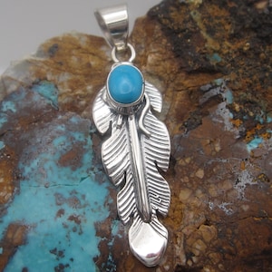 Turquoise Pendant Authentic Native Made Sterling Silver Feather Pendant Blue Turquoise Feather Pendant Native Jewelry Native Gift for Her