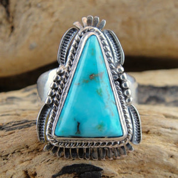 Native American Made Candelaria Turquoise and Sterling Silver Ring by Bennie Ration